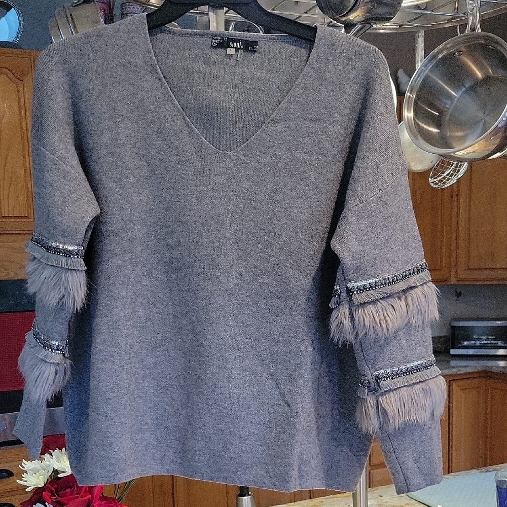 Sioni Gray V-Neck Sweater with Fringe Details And Beading And Rhinestones